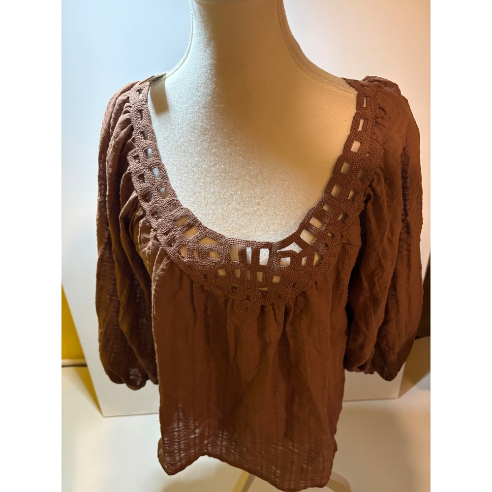Max Studio London NWT Brown Boho Peasant Blouse Crochet Neckline Large